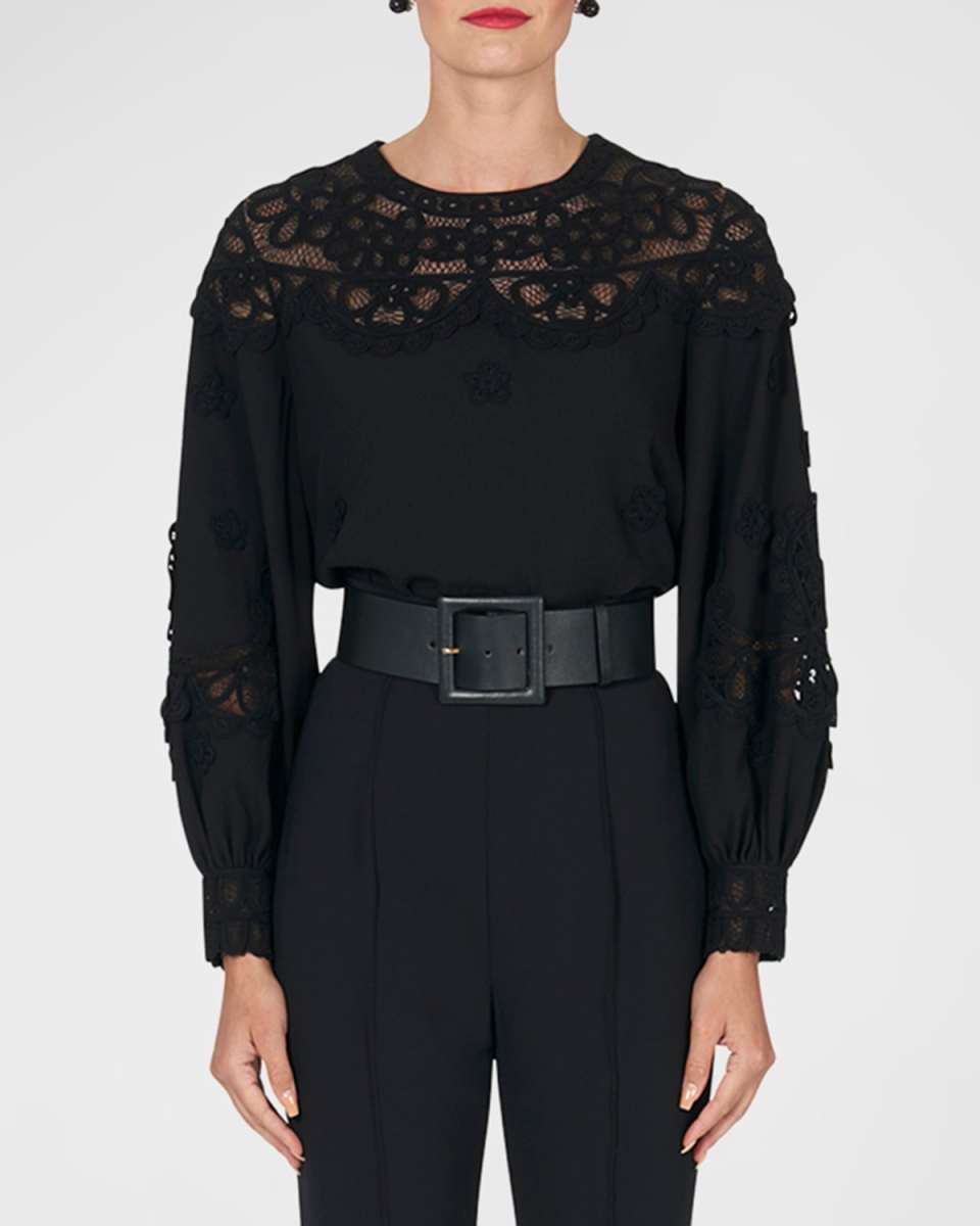 Embroidered Puff-Sleeve Top with Lace Panels